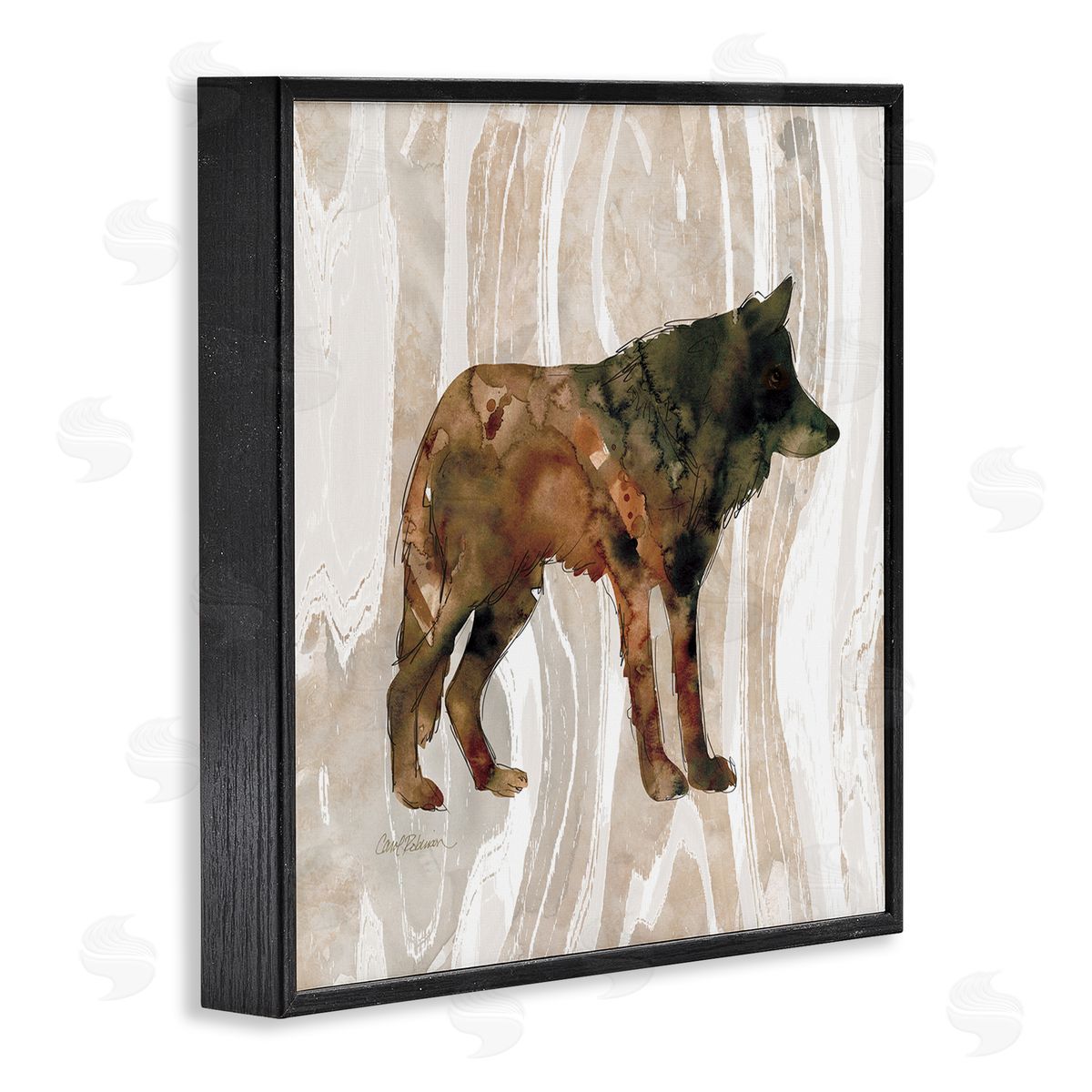 Carol Robinson Woodland Wolf Watercolor Silhouette Rustic Grain Pattern Black Framed Glicee Wall Art Print
