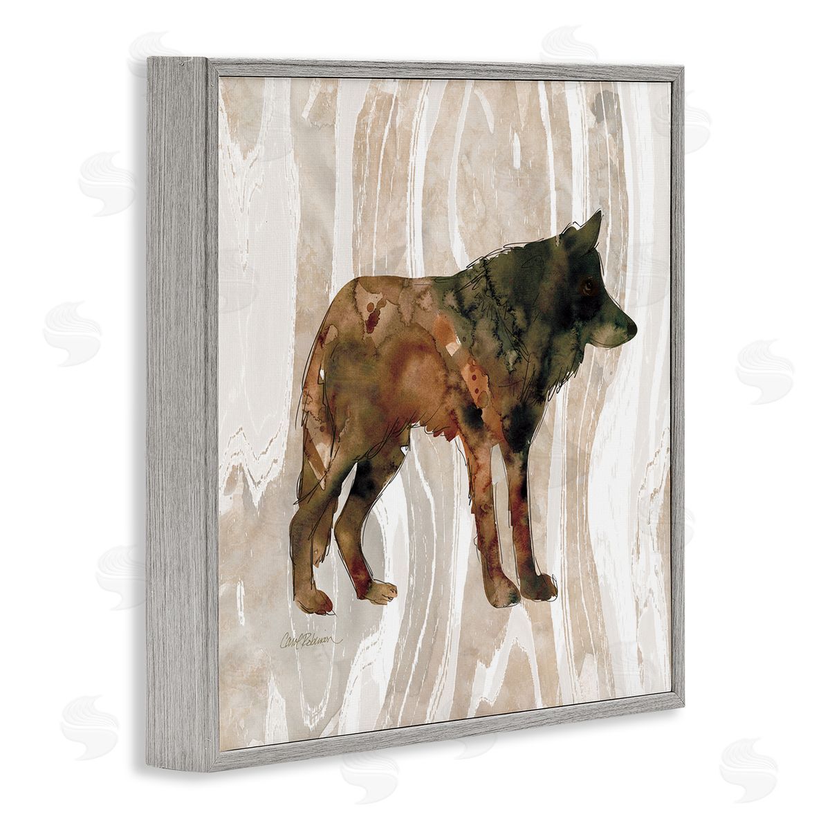 Carol Robinson Woodland Wolf Watercolor Silhouette Rustic Grain Pattern Gray Framed Glicee Wall Art Print