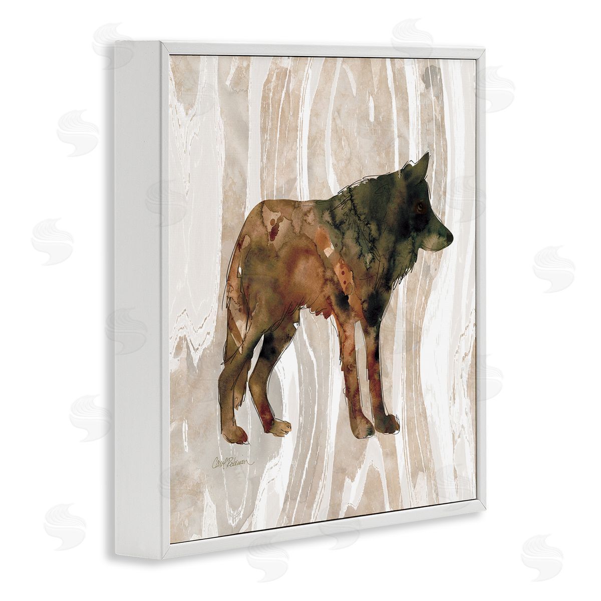 Carol Robinson Woodland Wolf Watercolor Silhouette Rustic Grain Pattern White Framed Glicee Wall Art Print