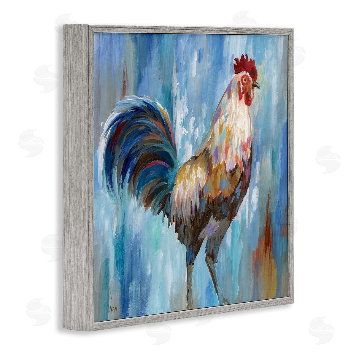 Nan Farm Rooster Contemporary Painting Morning Country Bird Gray Framed Glicee Wall Art Print