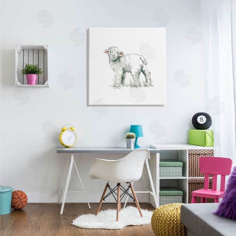 Carol Robinson Fluffy Baby Sheep Minimal Farm Animal over White Canvas Wall Art in Room
