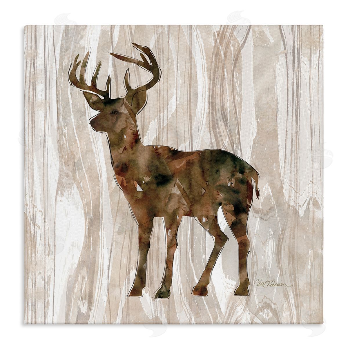 Carol Robinson Wilderness Buck Watercolor Silhouette Rustic Grain Pattern Stretched Canvas Wall Art Print