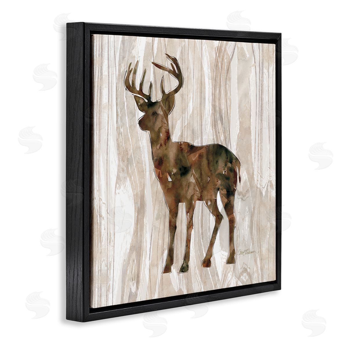 Carol Robinson Wilderness Buck Watercolor Silhouette Rustic Grain Pattern Black Floating Frame Canvas Wall Art Print