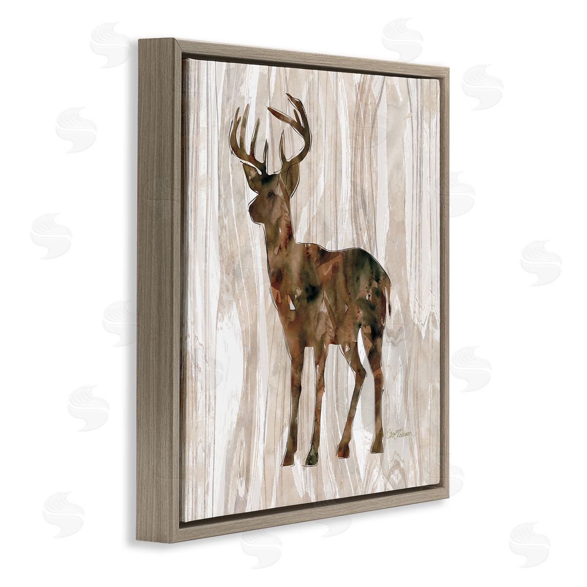 Carol Robinson Wilderness Buck Watercolor Silhouette Rustic Grain Pattern Brown Floating Frame Canvas Wall Art Print