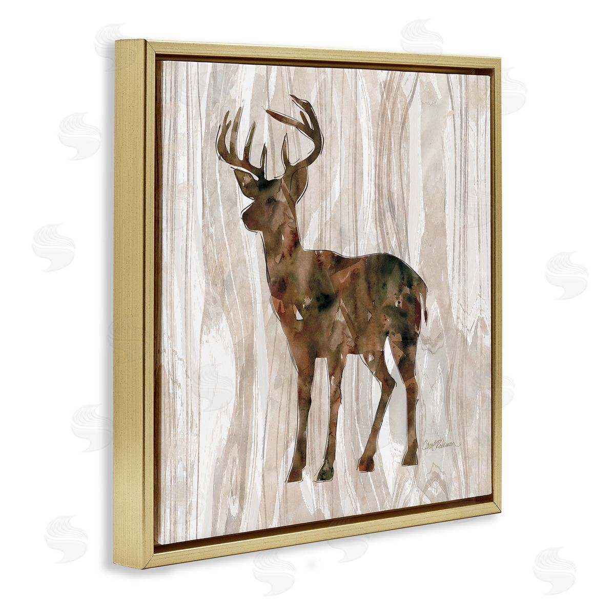 Carol Robinson Wilderness Buck Watercolor Silhouette Rustic Grain Pattern Gold Floating Frame Canvas Wall Art Print