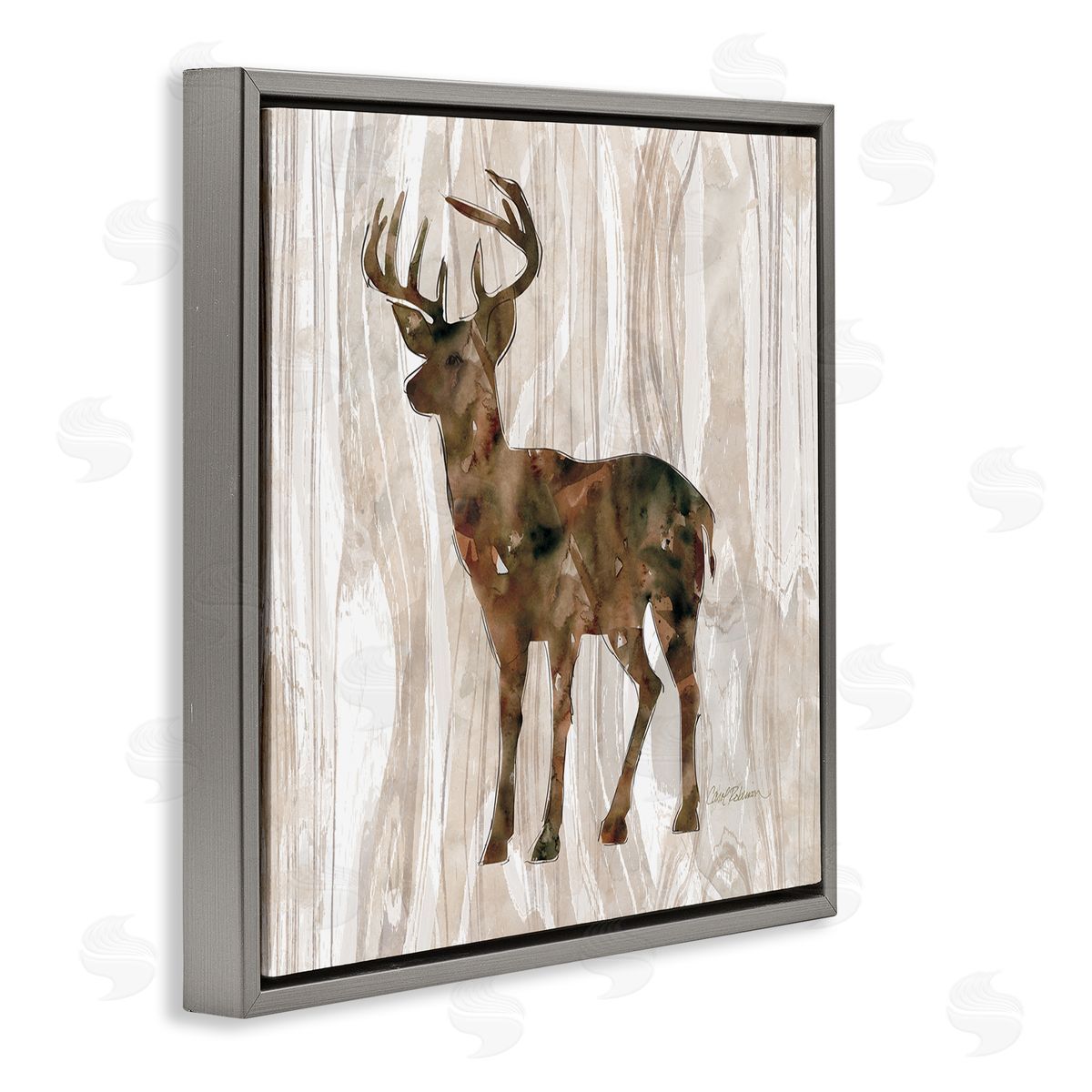 Carol Robinson Wilderness Buck Watercolor Silhouette Rustic Grain Pattern Gray Floating Frame Canvas Wall Art Print
