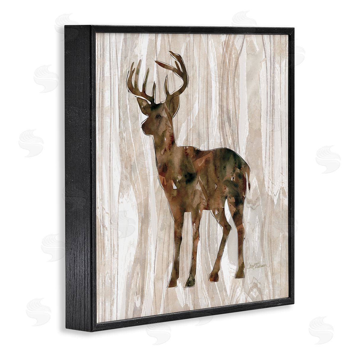 Carol Robinson Wilderness Buck Watercolor Silhouette Rustic Grain Pattern Black Framed Glicee Wall Art Print