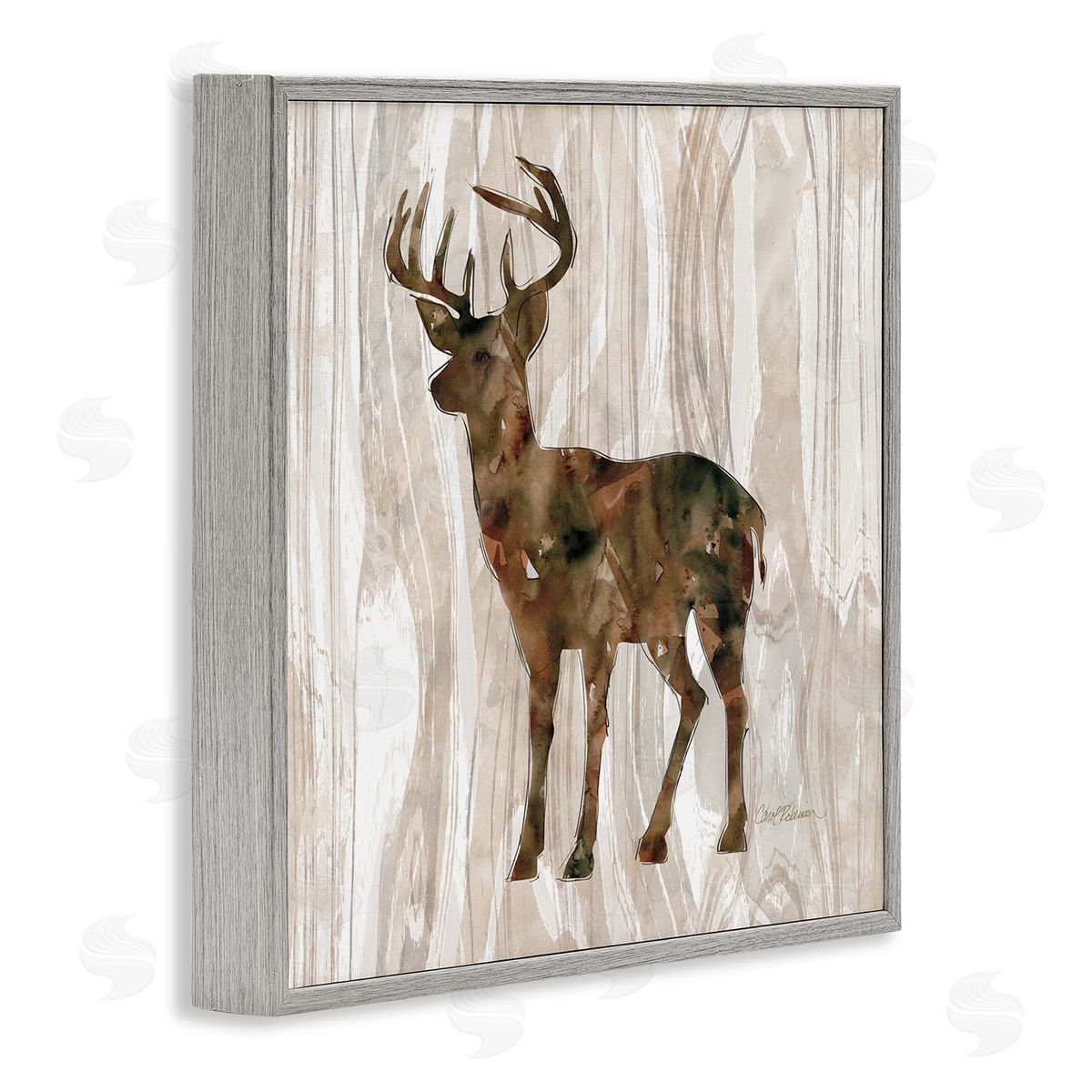 Carol Robinson Wilderness Buck Watercolor Silhouette Rustic Grain Pattern Gray Framed Glicee Wall Art Print