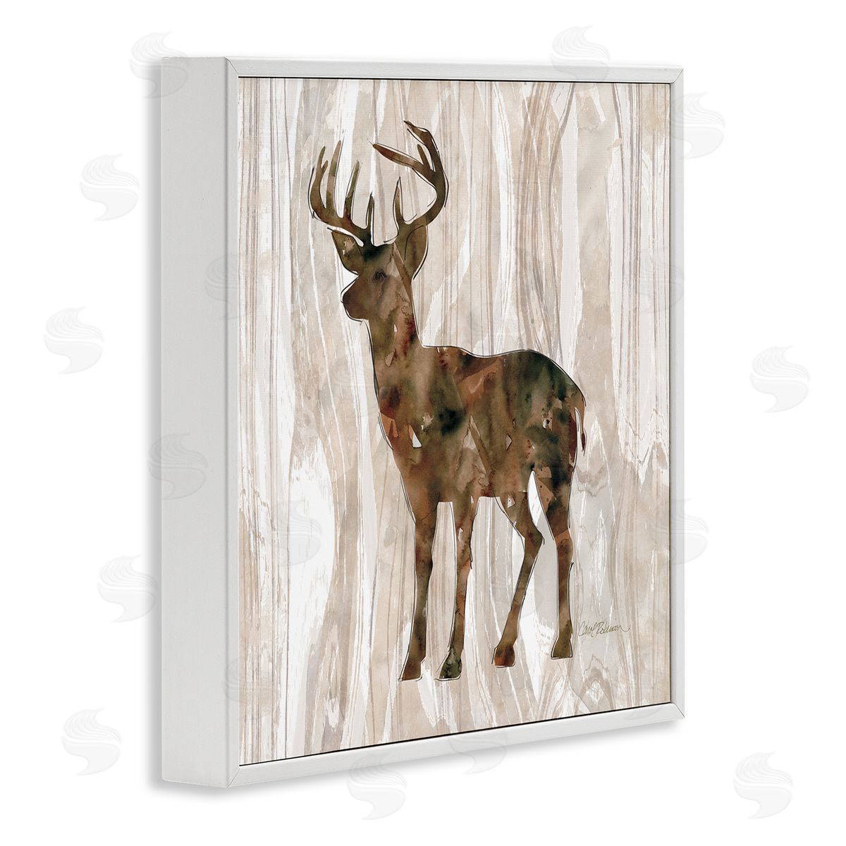 Carol Robinson Wilderness Buck Watercolor Silhouette Rustic Grain Pattern White Framed Glicee Wall Art Print