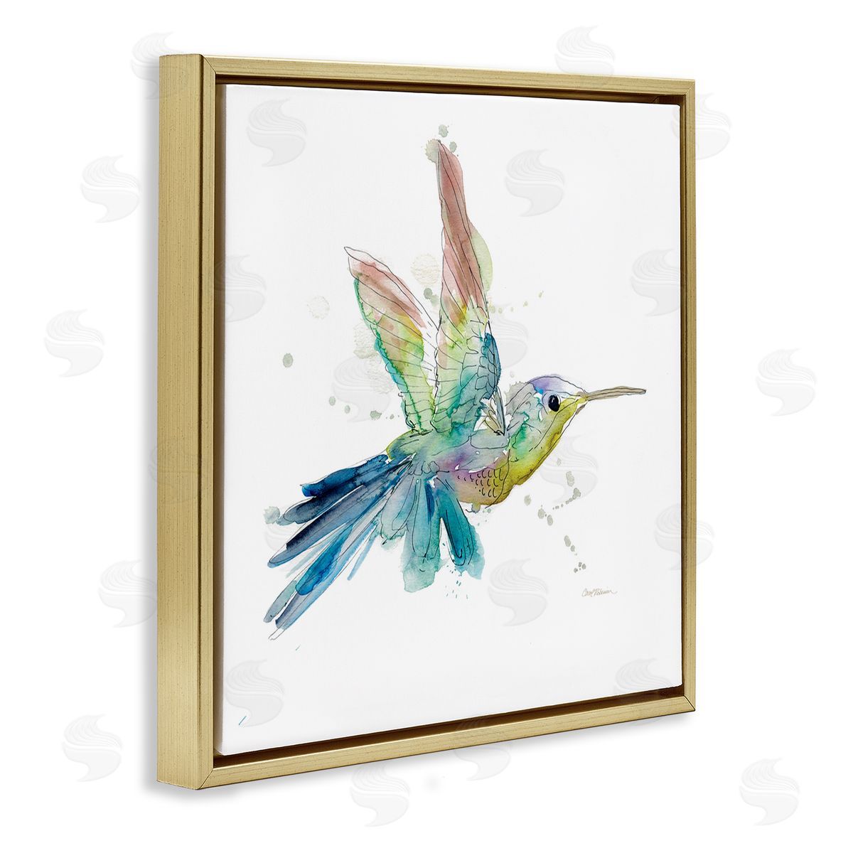 Carol Robinson Contemporary Hummingbird Animal Minimal Rainbow Watercolor Gold Floating Frame Canvas Wall Art Print