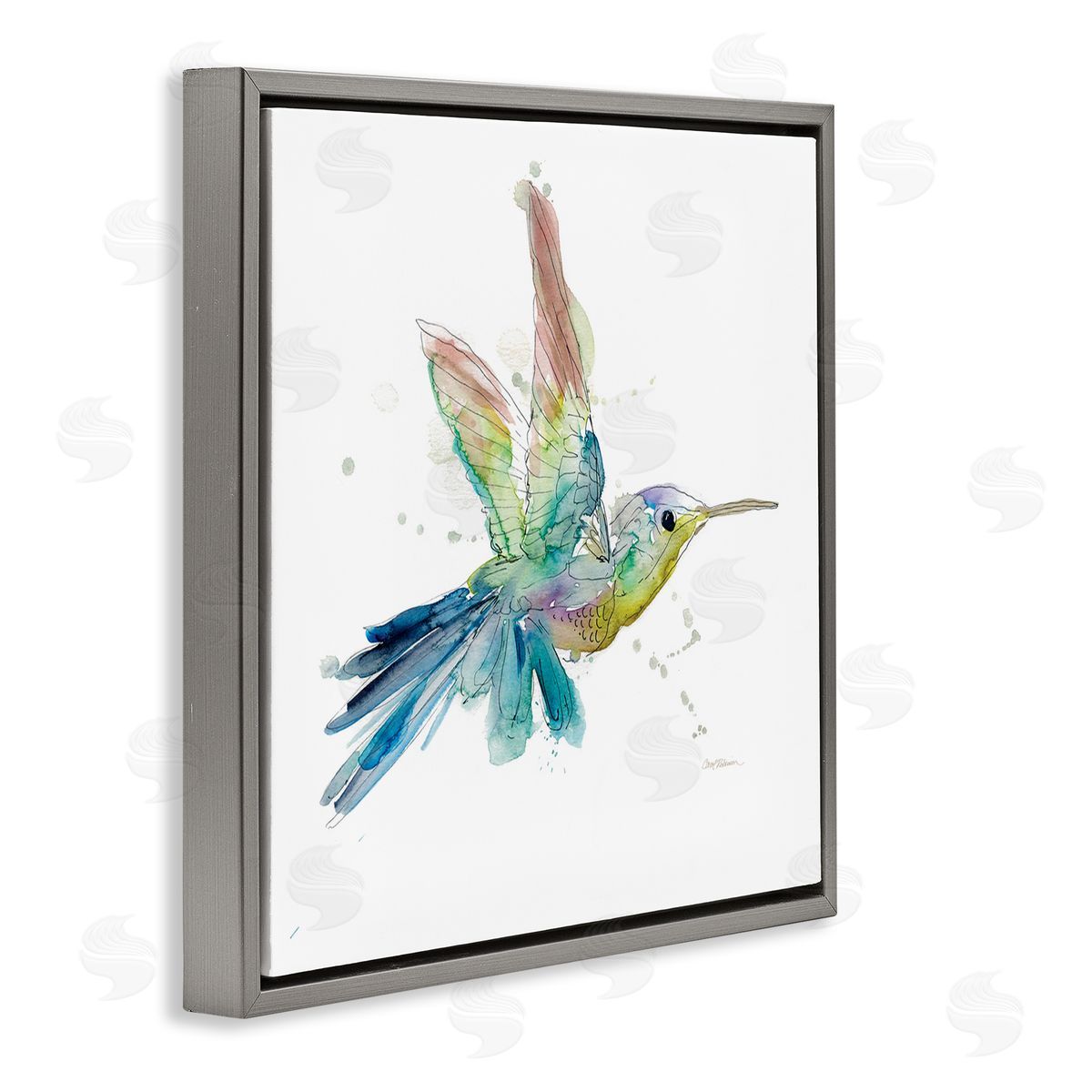 Carol Robinson Contemporary Hummingbird Animal Minimal Rainbow Watercolor Gray Floating Frame Canvas Wall Art Print
