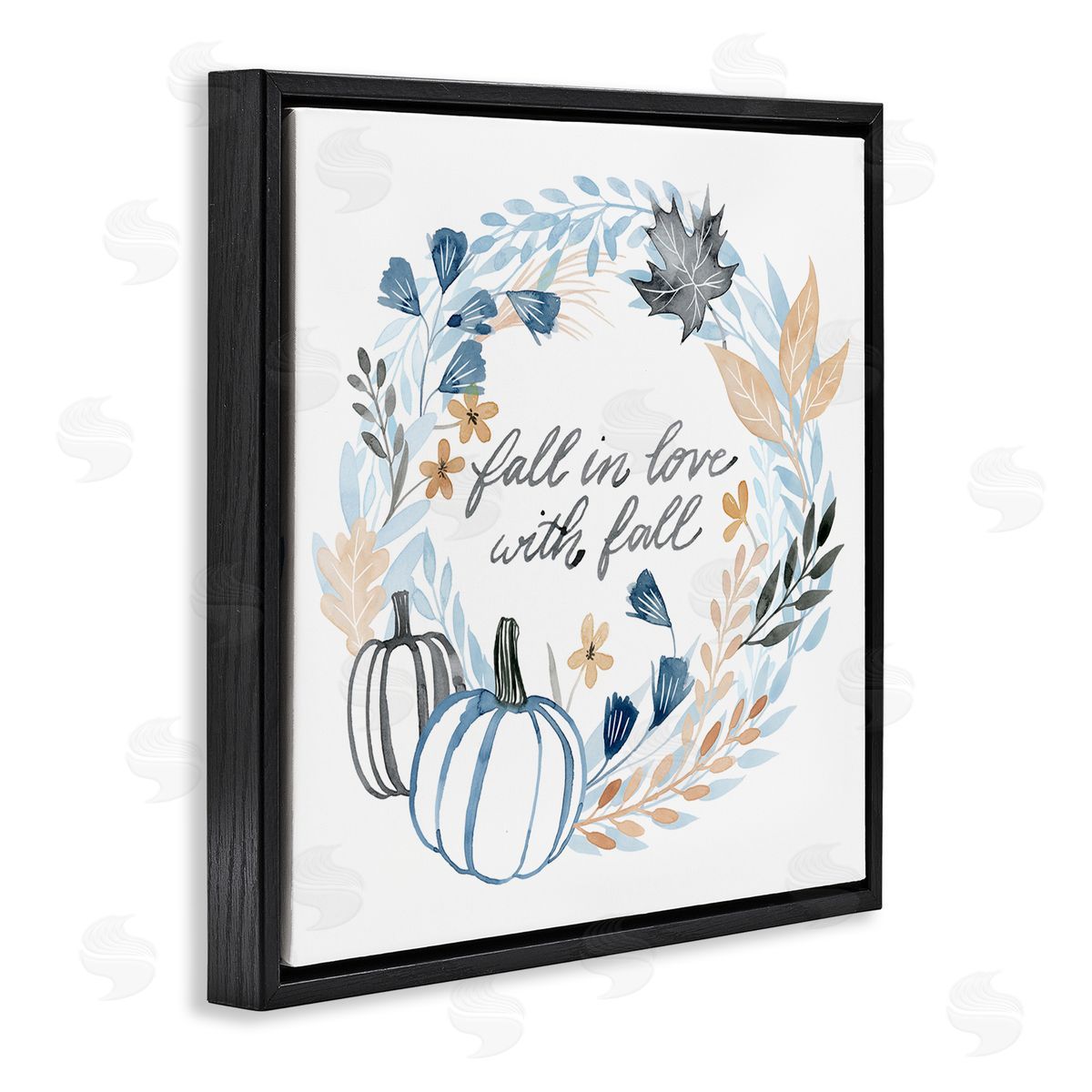 Grace Popp In Love with Fall Blue Autumn Foliage Wreath  Black Floating Frame Canvas Wall Art Print