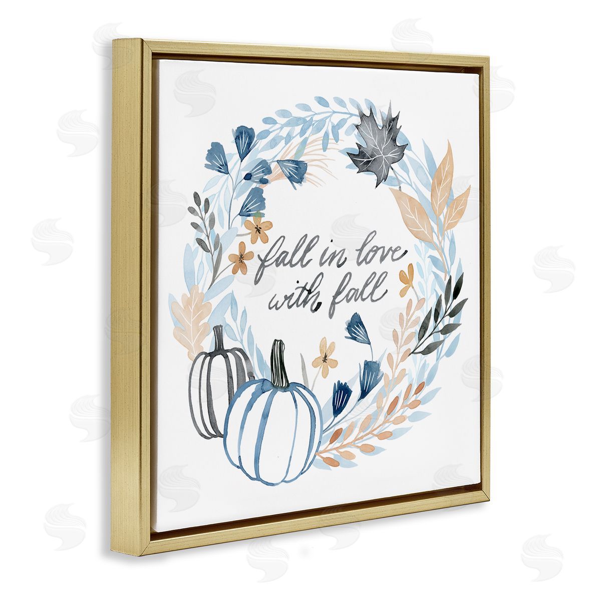 Grace Popp In Love with Fall Blue Autumn Foliage Wreath  Gold Floating Frame Canvas Wall Art Print