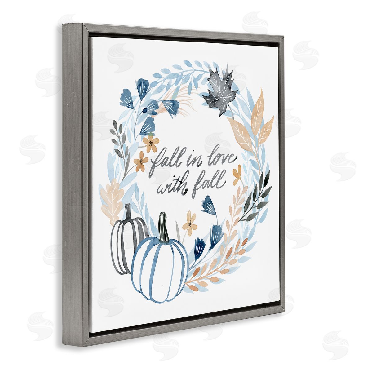 Grace Popp In Love with Fall Blue Autumn Foliage Wreath  Gray Floating Frame Canvas Wall Art Print