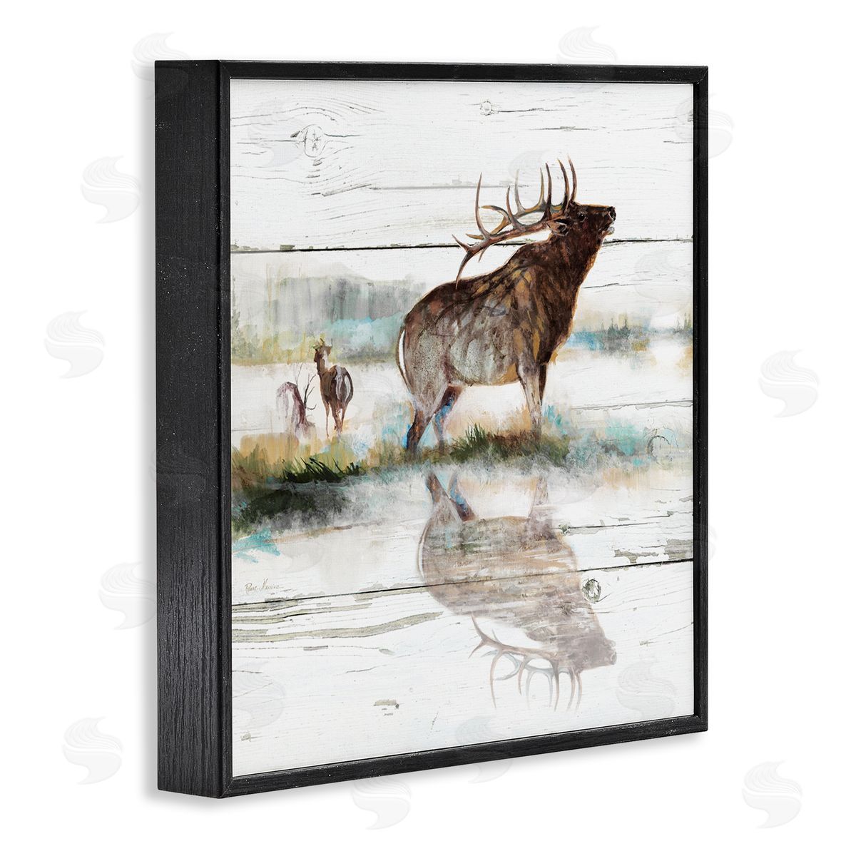 Ruane Manning Elk and Wild Deer Forest Animal Watering Hole Black Framed Glicee Wall Art Print