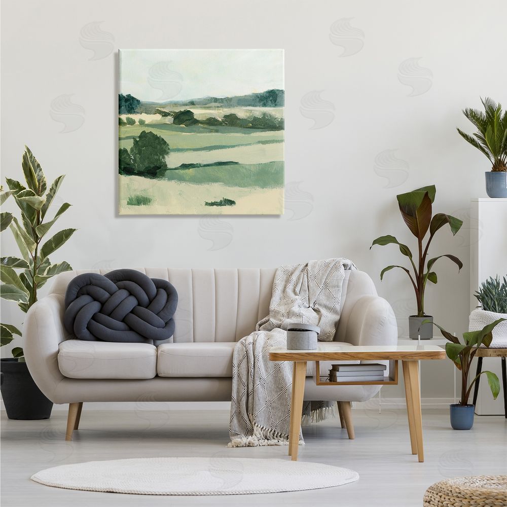 Victoria Barnes Open Countryside Landscape Soft Green Rolling Hills Canvas Wall Art in Room