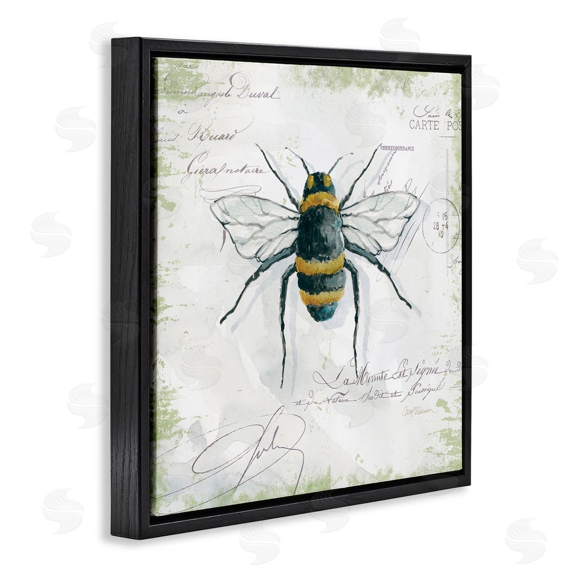 Carol Robinson Quaint Honey Bee Insect over Vintage Postal Card Black Floating Frame Canvas Wall Art Print
