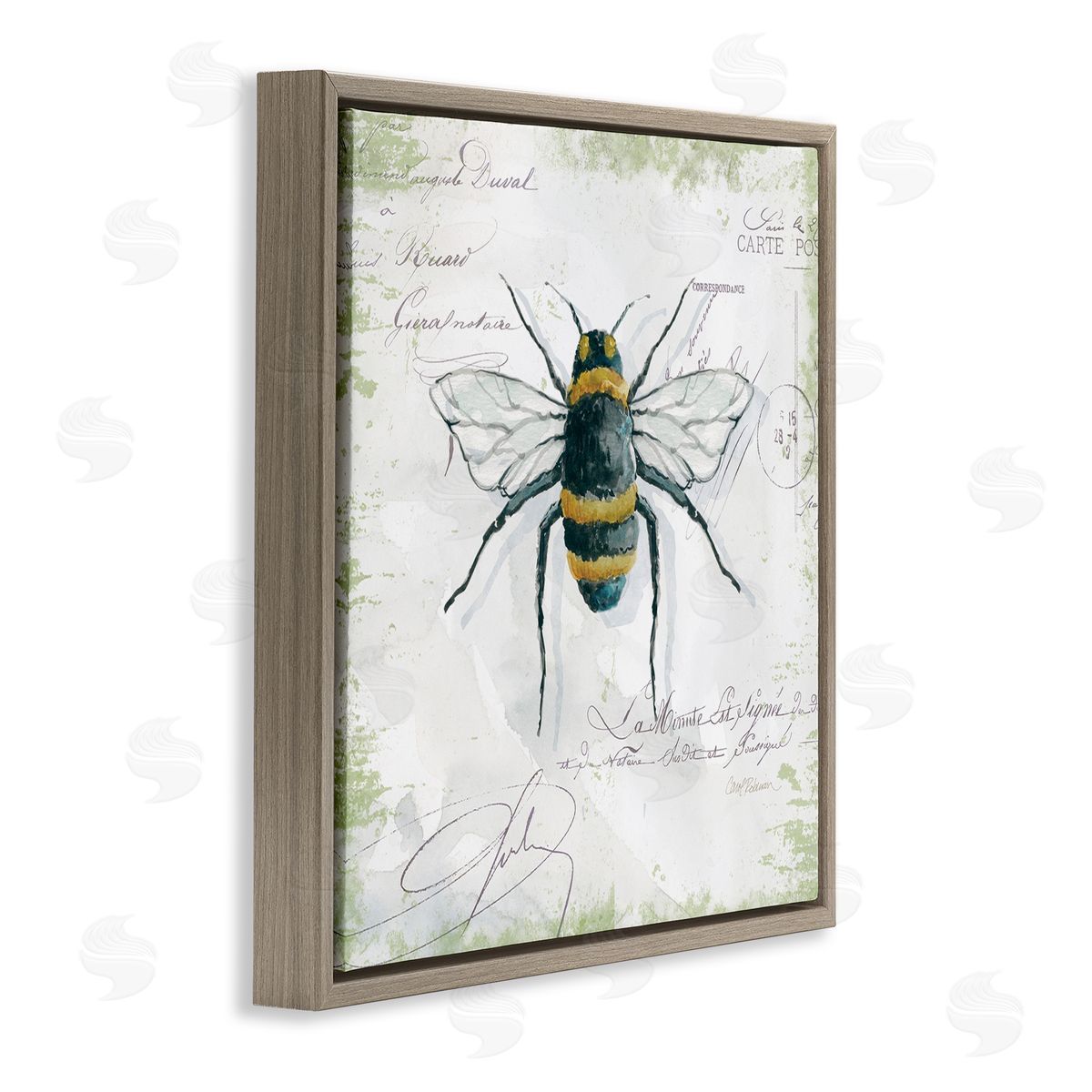 Carol Robinson Quaint Honey Bee Insect over Vintage Postal Card Brown Floating Frame Canvas Wall Art Print