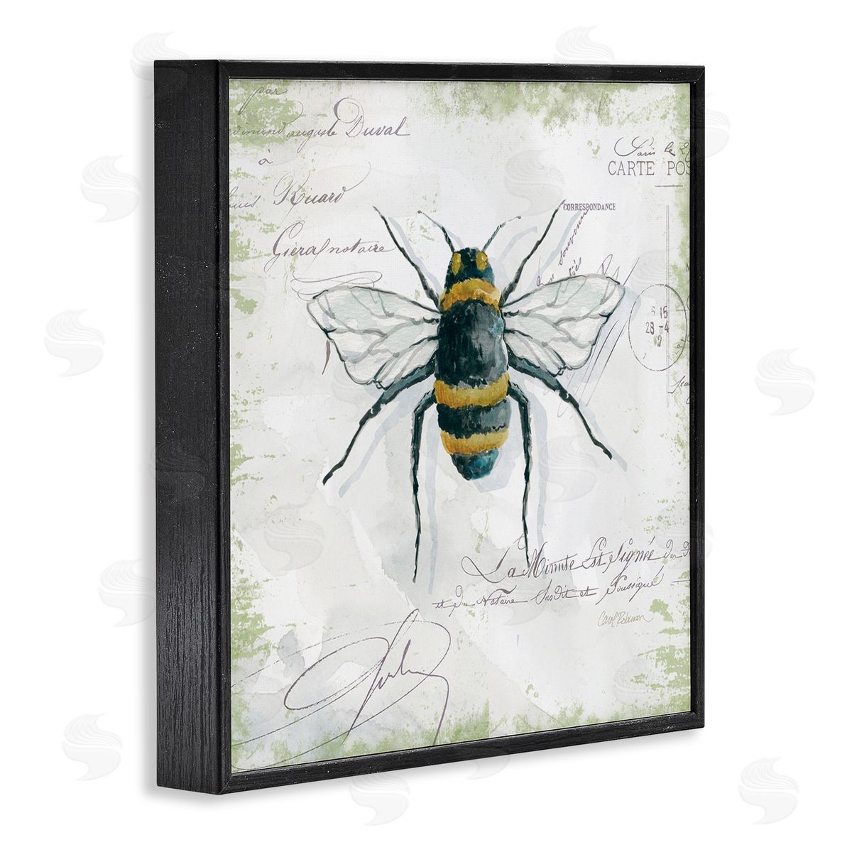 Carol Robinson Quaint Honey Bee Insect over Vintage Postal Card Black Framed Glicee Wall Art Print