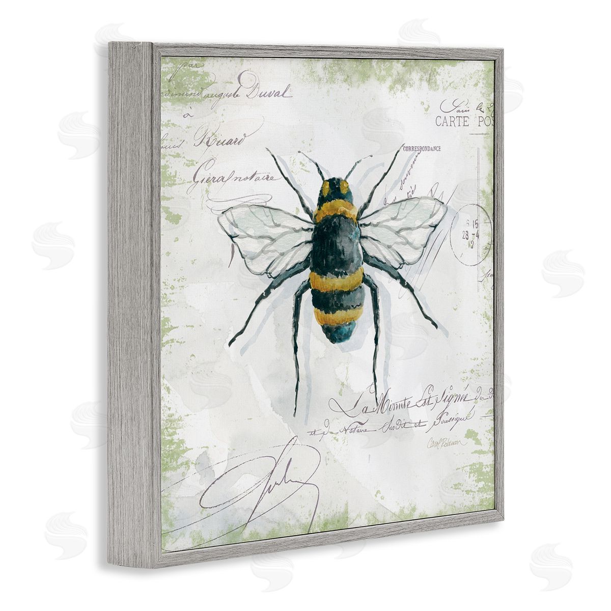 Carol Robinson Quaint Honey Bee Insect over Vintage Postal Card Gray Framed Glicee Wall Art Print