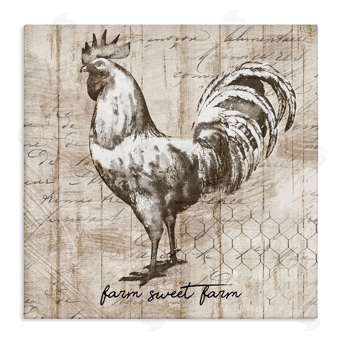 Conrad Knutsen Farm Sweet Farm Phrase Vintage Rooster and Text Stretched Canvas Wall Art Print