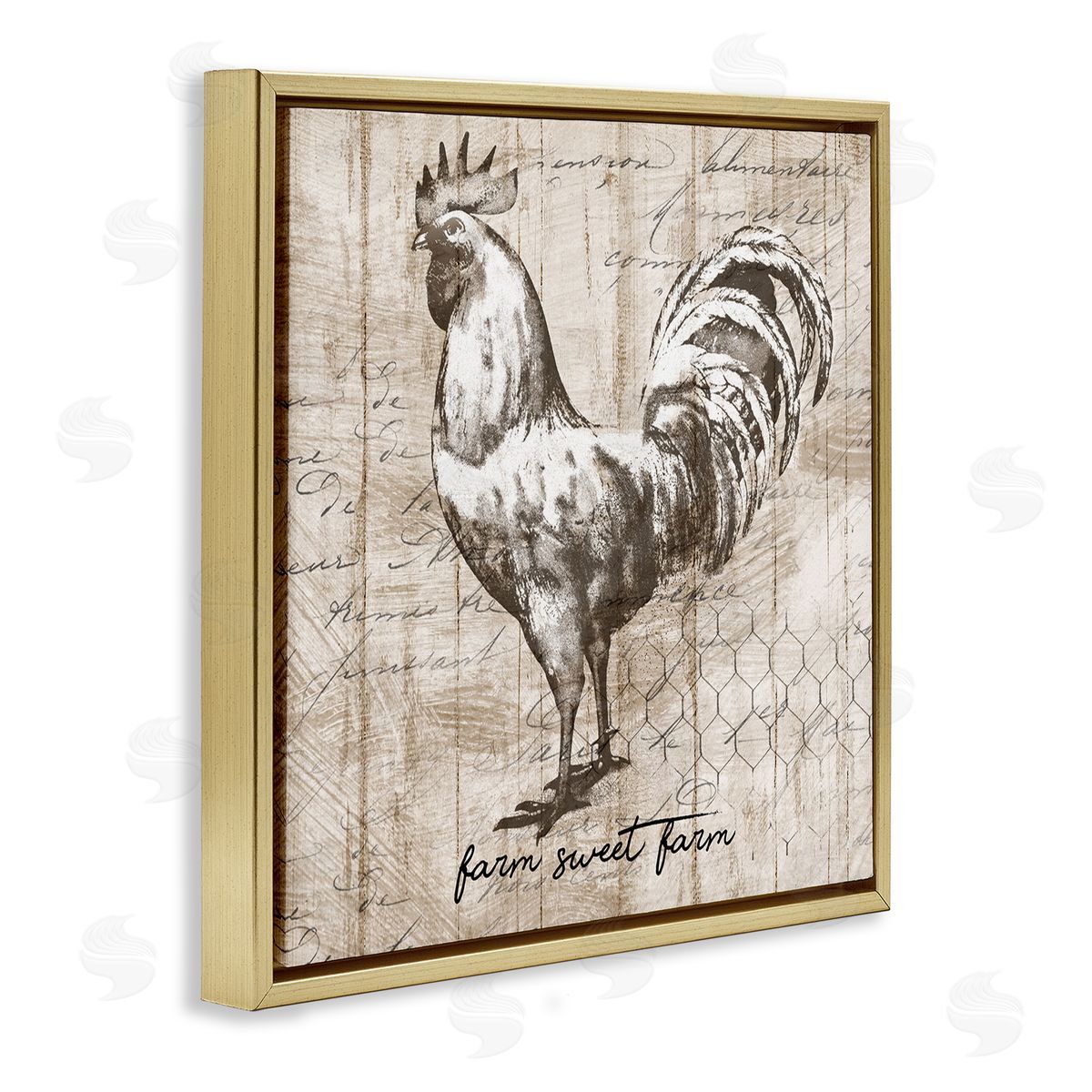 Conrad Knutsen Farm Sweet Farm Phrase Vintage Rooster and Text Gold Floating Frame Canvas Wall Art Print