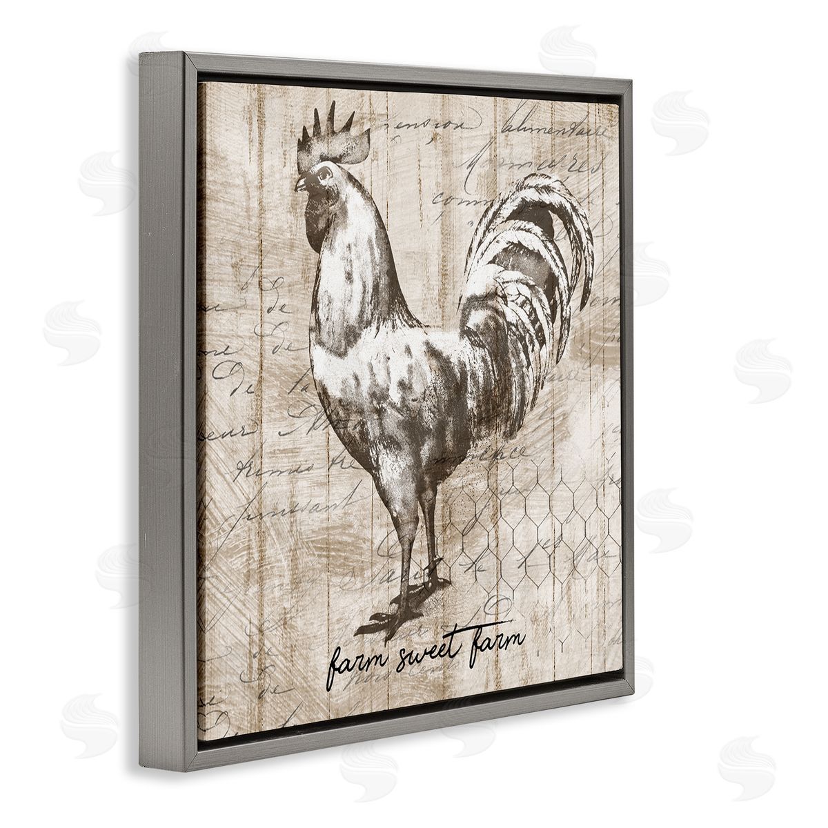 Conrad Knutsen Farm Sweet Farm Phrase Vintage Rooster and Text Gray Floating Frame Canvas Wall Art Print