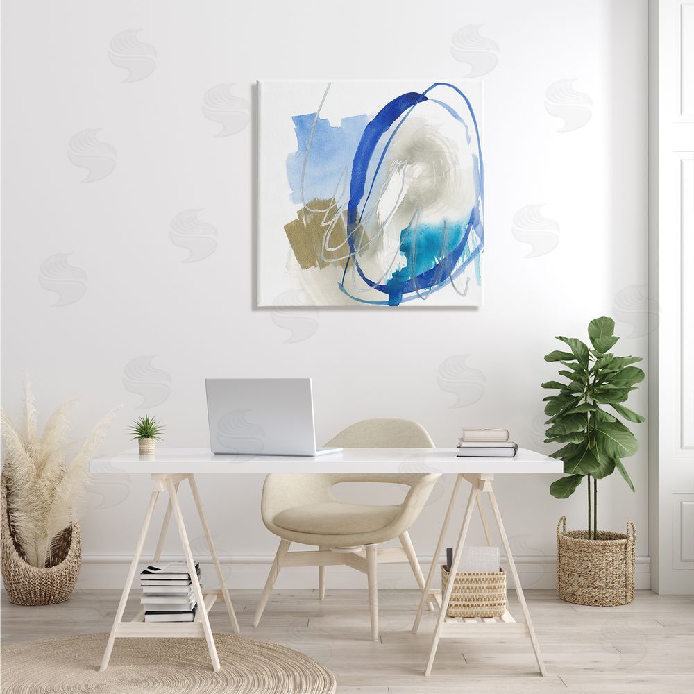 Jennifer Goldberger Circular Abstraction Chaotic Rigid Lines Blue Brown Canvas Wall Art in Room