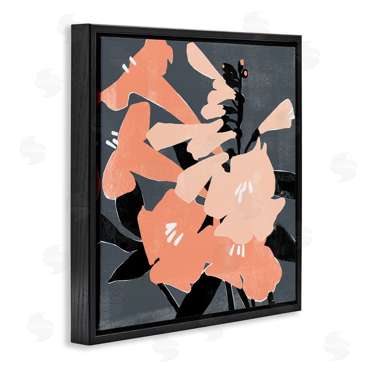 Emma Scarvey Pink Pop Lilies over Dark Grey Neutral Branches Black Floating Frame Canvas Wall Art Print