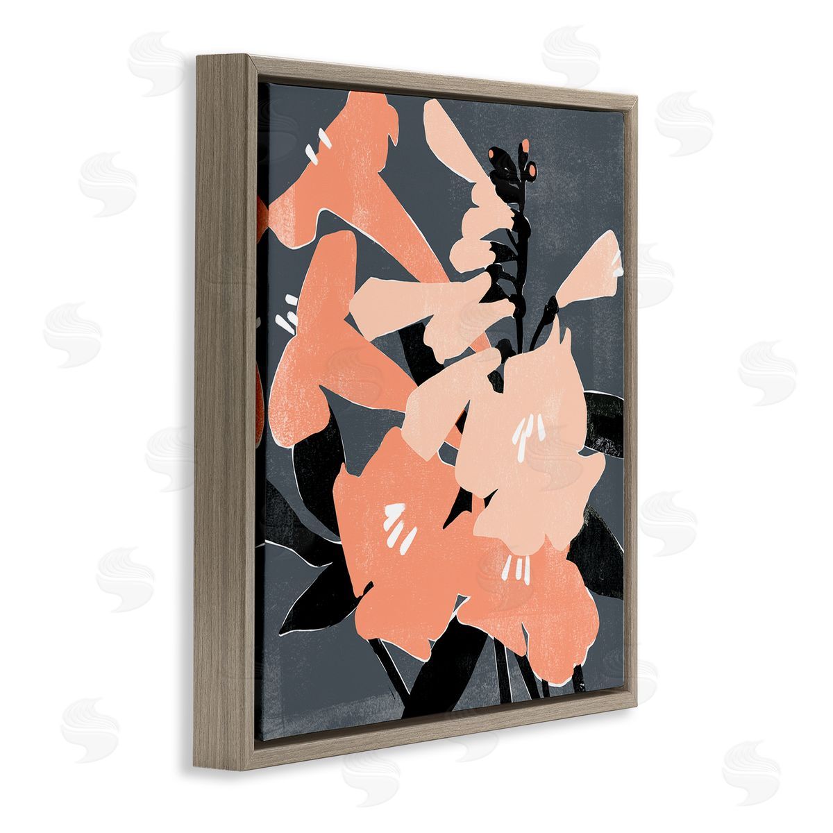 Emma Scarvey Pink Pop Lilies over Dark Grey Neutral Branches Brown Floating Frame Canvas Wall Art Print