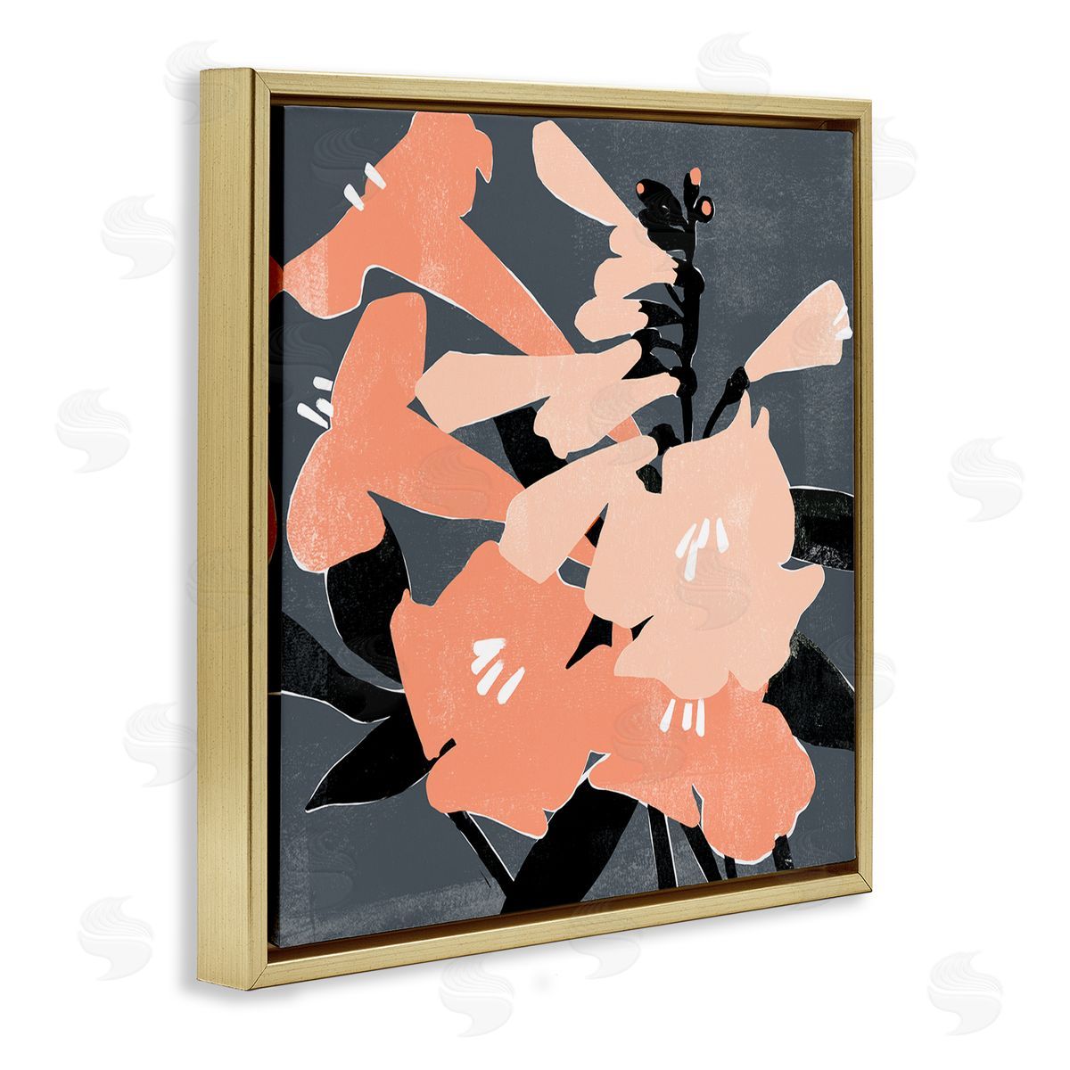 Emma Scarvey Pink Pop Lilies over Dark Grey Neutral Branches Gold Floating Frame Canvas Wall Art Print