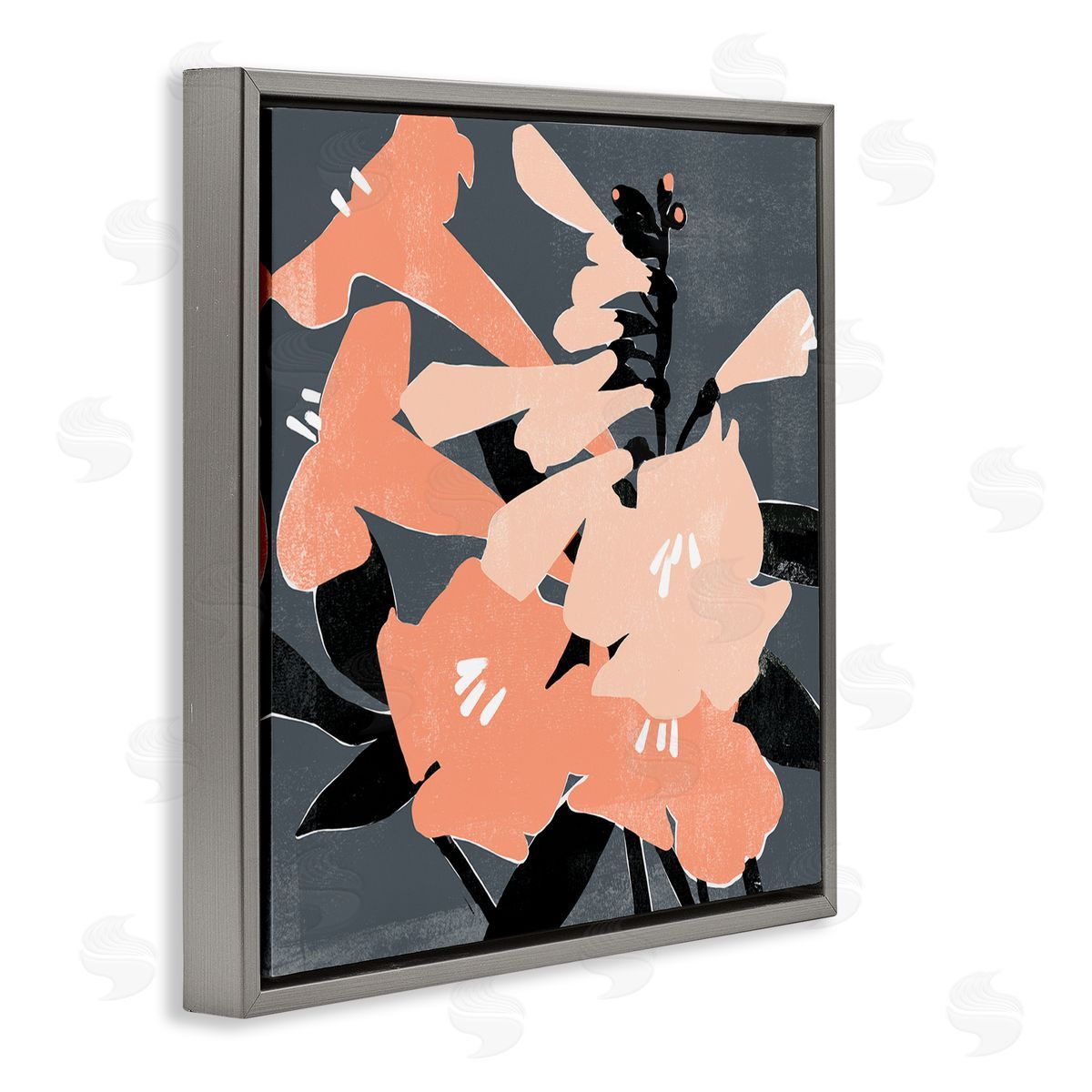 Emma Scarvey Pink Pop Lilies over Dark Grey Neutral Branches Gray Floating Frame Canvas Wall Art Print