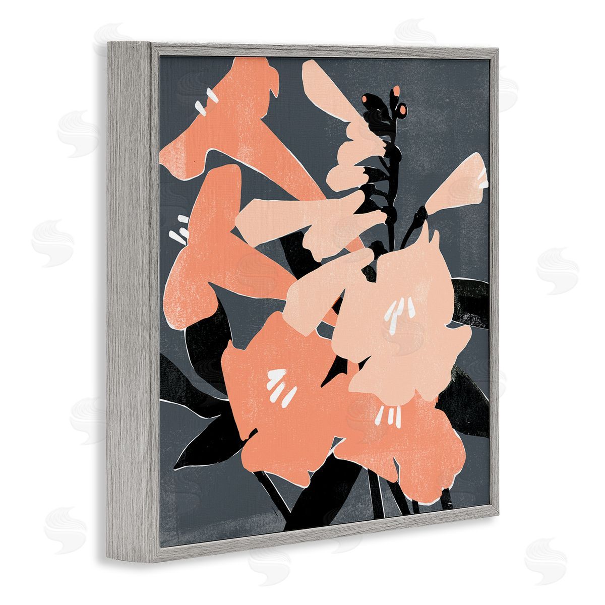 Emma Scarvey Pink Pop Lilies over Dark Grey Neutral Branches Gray Framed Glicee Wall Art Print