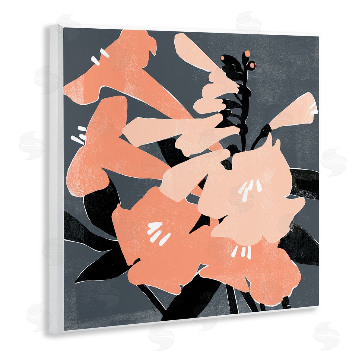 Emma Scarvey Pink Pop Lilies over Dark Grey Neutral Branches Wooden Wall Plaque Art Print