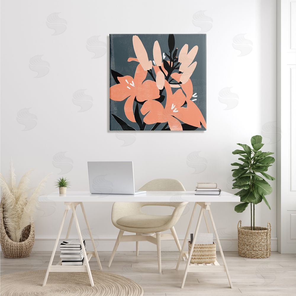 Emma Scarvey Tropical Pop Pink Lilies Dark Neutral Floral Branches Canvas Wall Art in Room