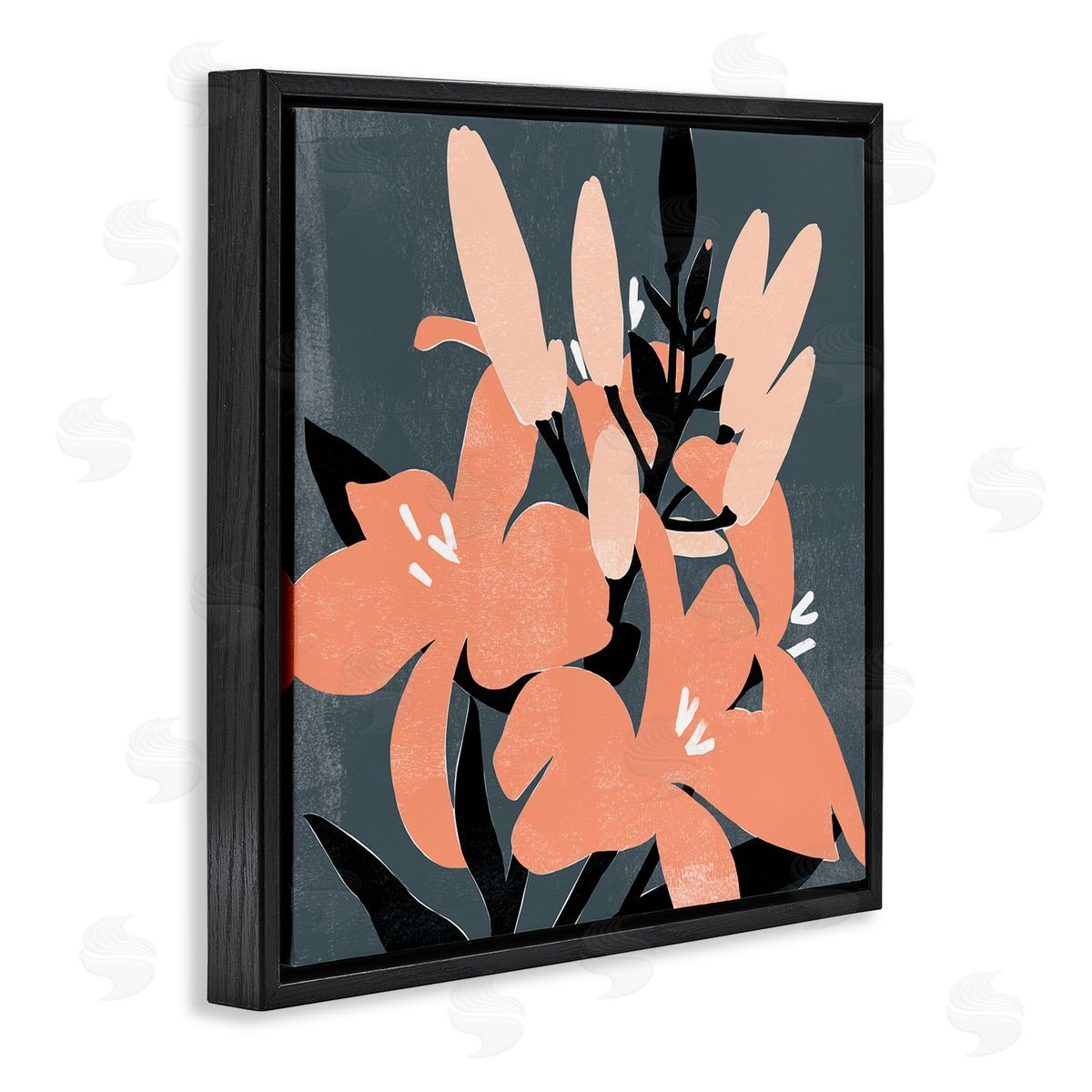 Emma Scarvey Tropical Pop Pink Lilies Dark Neutral Floral Branches Black Floating Frame Canvas Wall Art Print