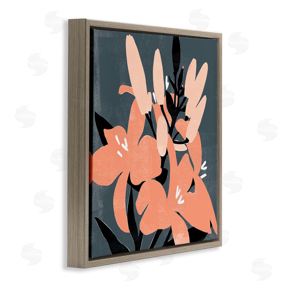 Emma Scarvey Tropical Pop Pink Lilies Dark Neutral Floral Branches Brown Floating Frame Canvas Wall Art Print