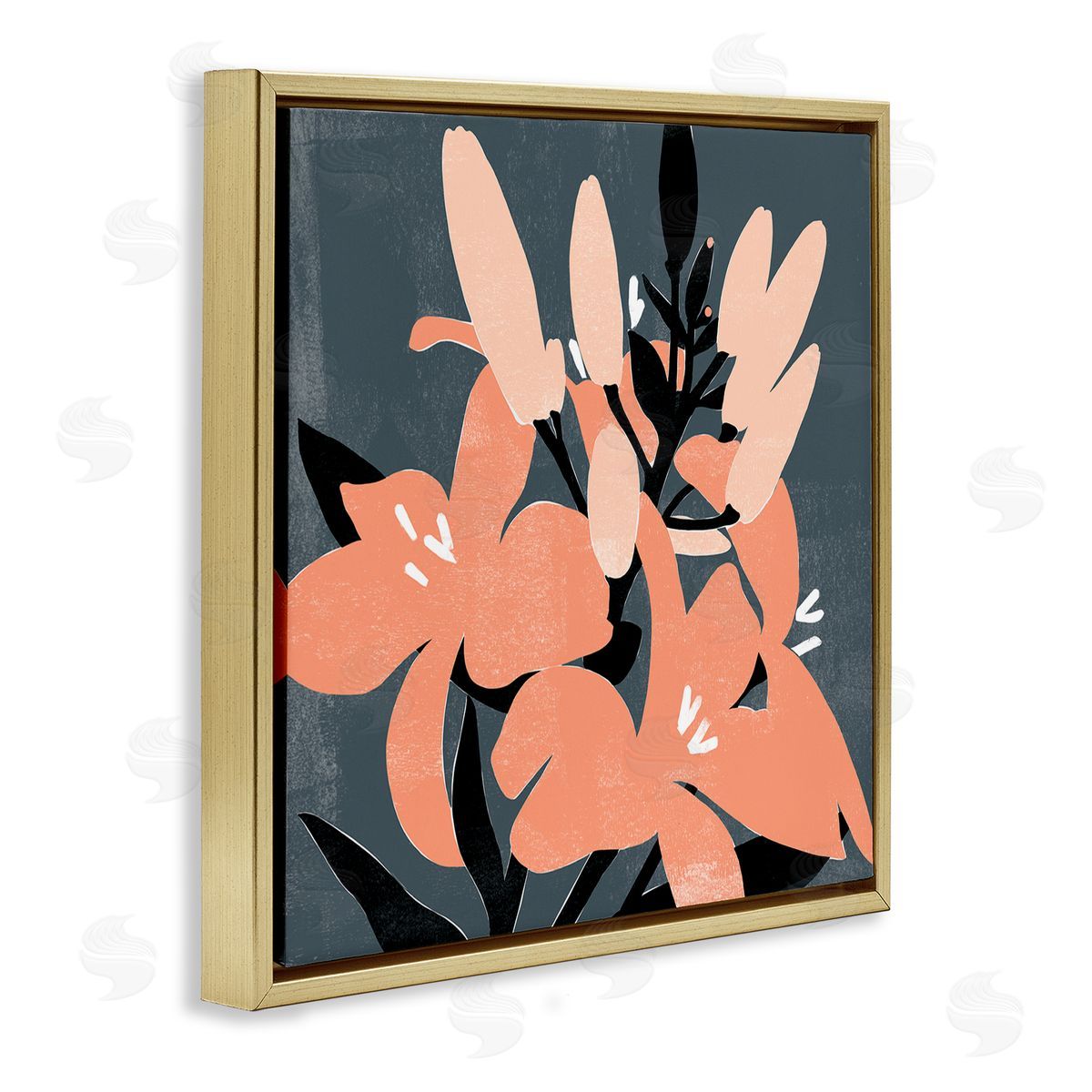 Emma Scarvey Tropical Pop Pink Lilies Dark Neutral Floral Branches Gold Floating Frame Canvas Wall Art Print