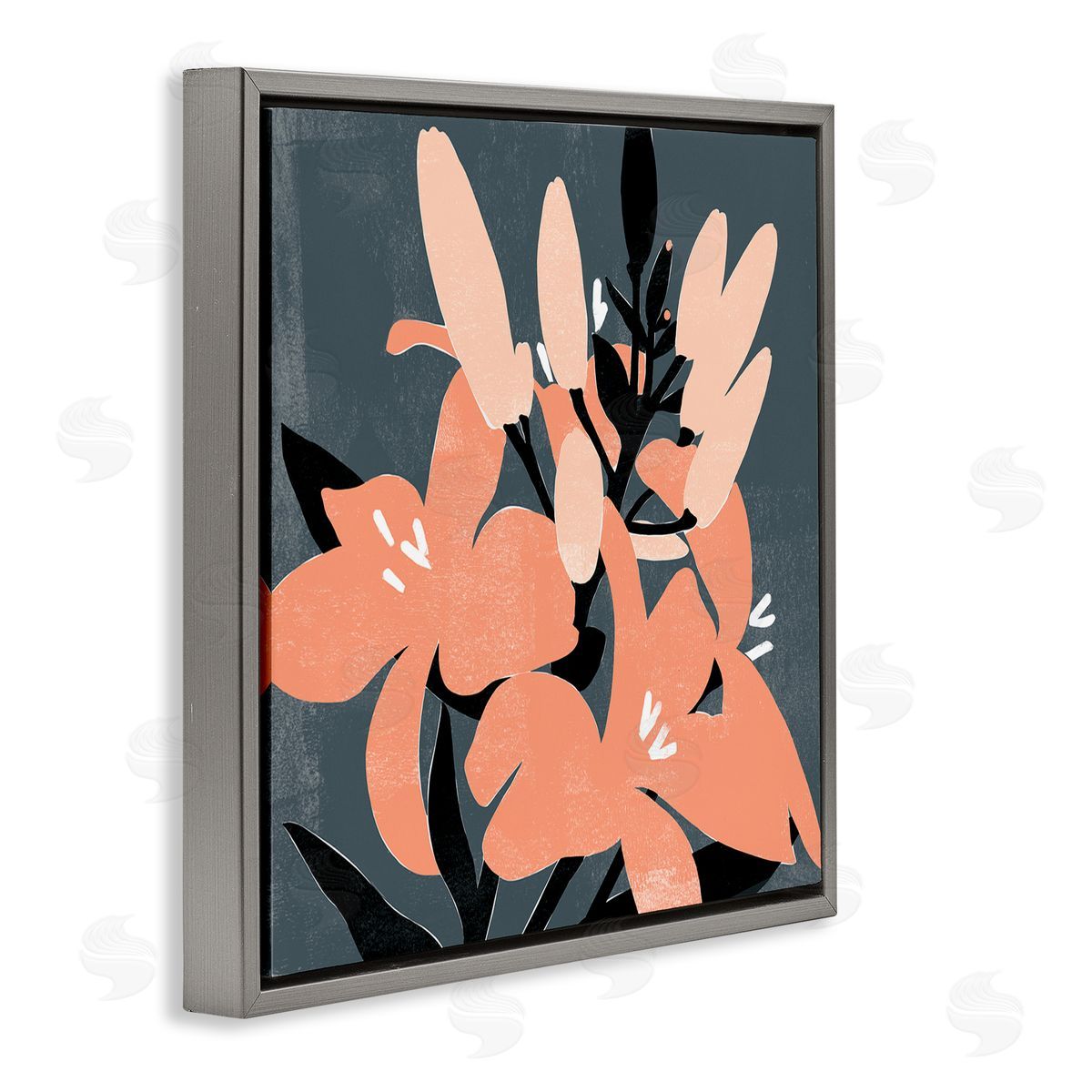 Emma Scarvey Tropical Pop Pink Lilies Dark Neutral Floral Branches Gray Floating Frame Canvas Wall Art Print