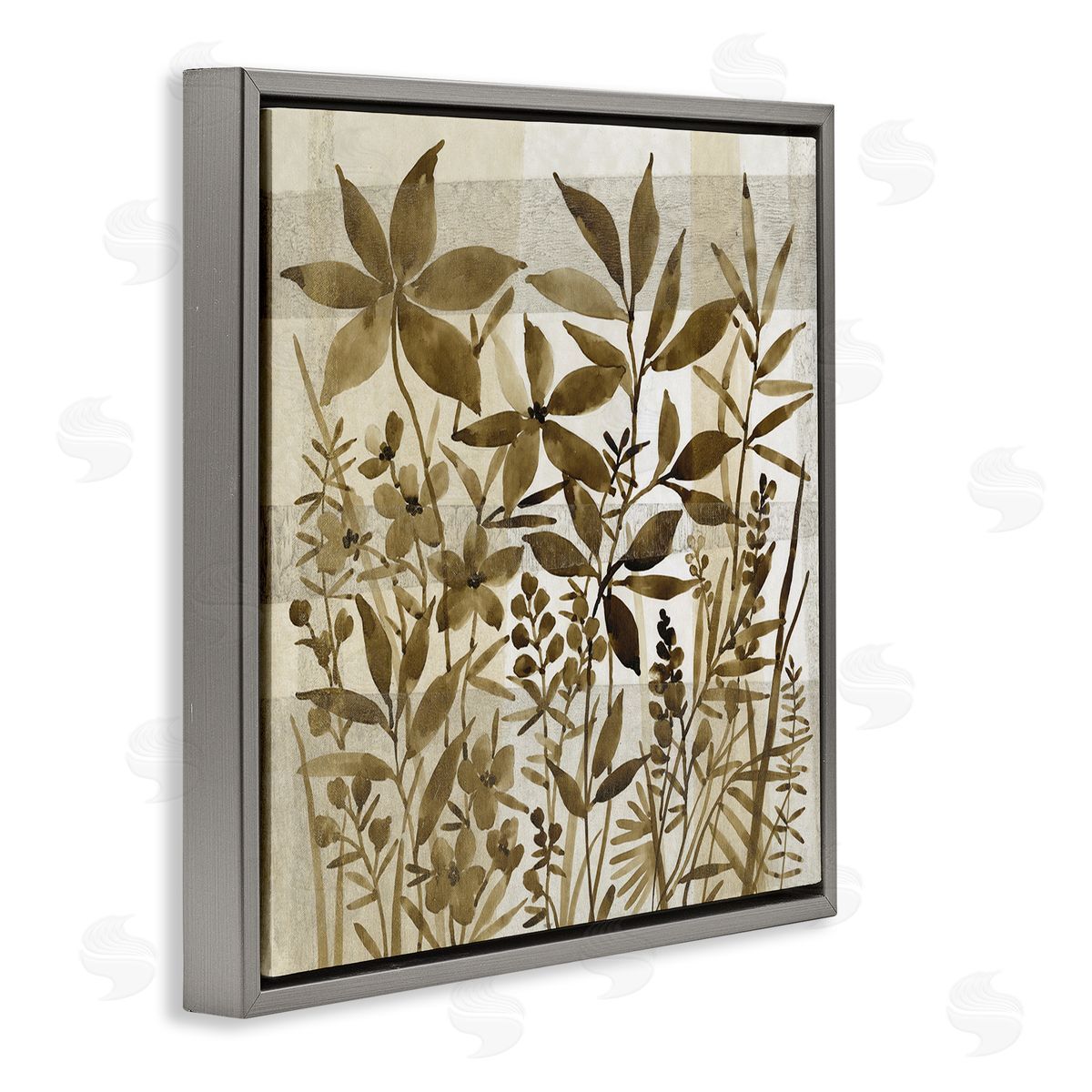 Tim O'Toole Vintage Wildflower Field Abstraction Brown Tan Plaid Gray Floating Frame Canvas Wall Art Print