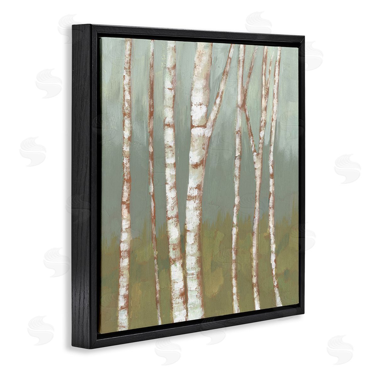 Jennifer Goldberger Contemporary Birch Tree Bark Soft Green Forest Landscape Black Floating Frame Canvas Wall Art Print