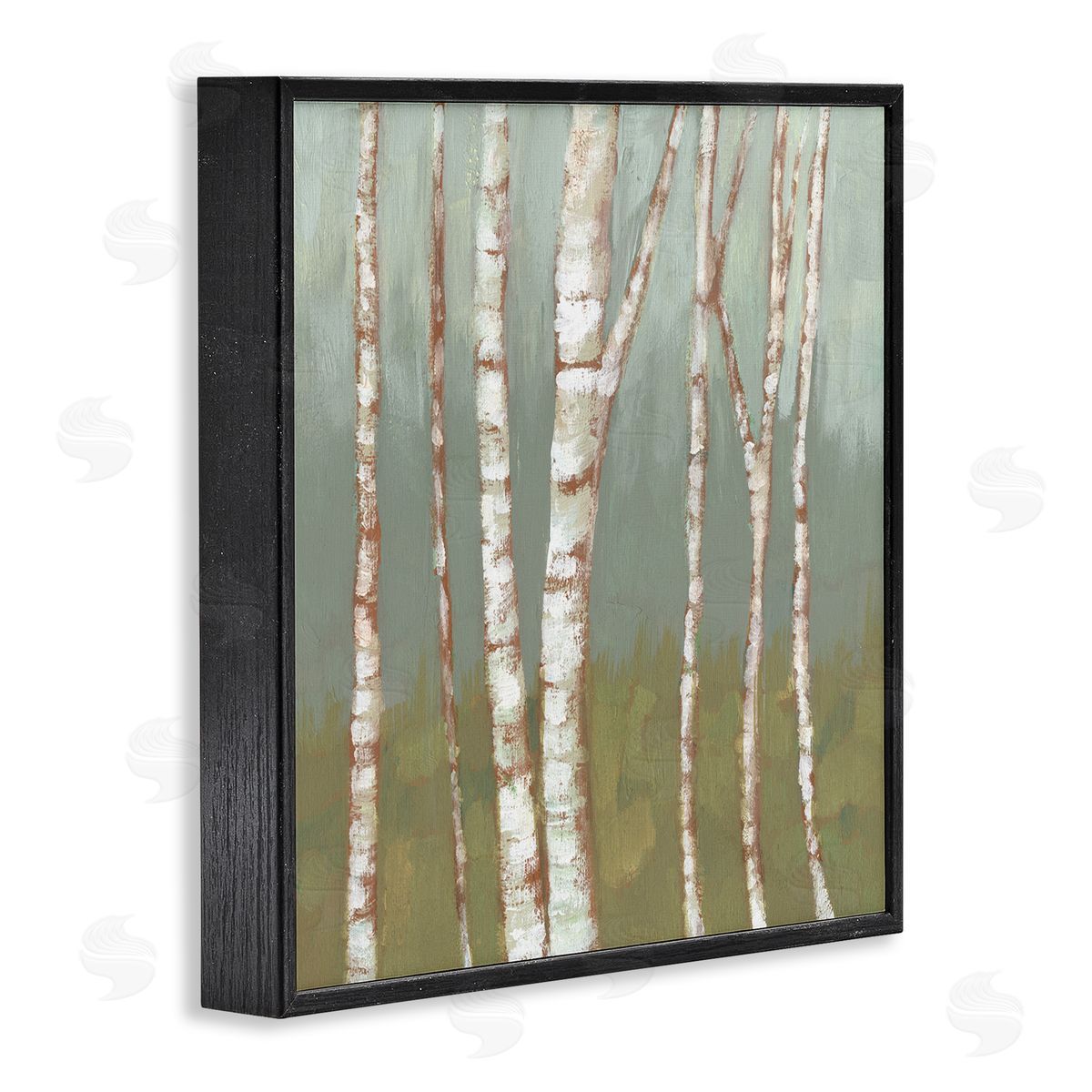 Jennifer Goldberger Contemporary Birch Tree Bark Soft Green Forest Landscape Black Framed Glicee Wall Art Print
