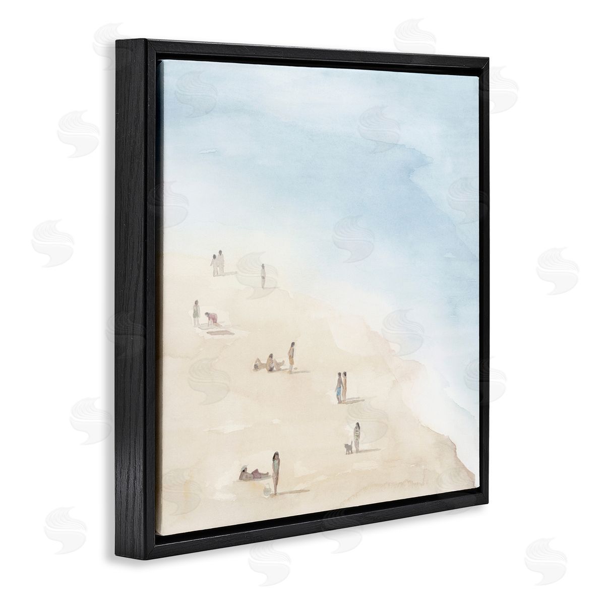 Grace Popp People Lounging at Beach Soft Blue Coastal Landscape Black Floating Frame Canvas Wall Art Print