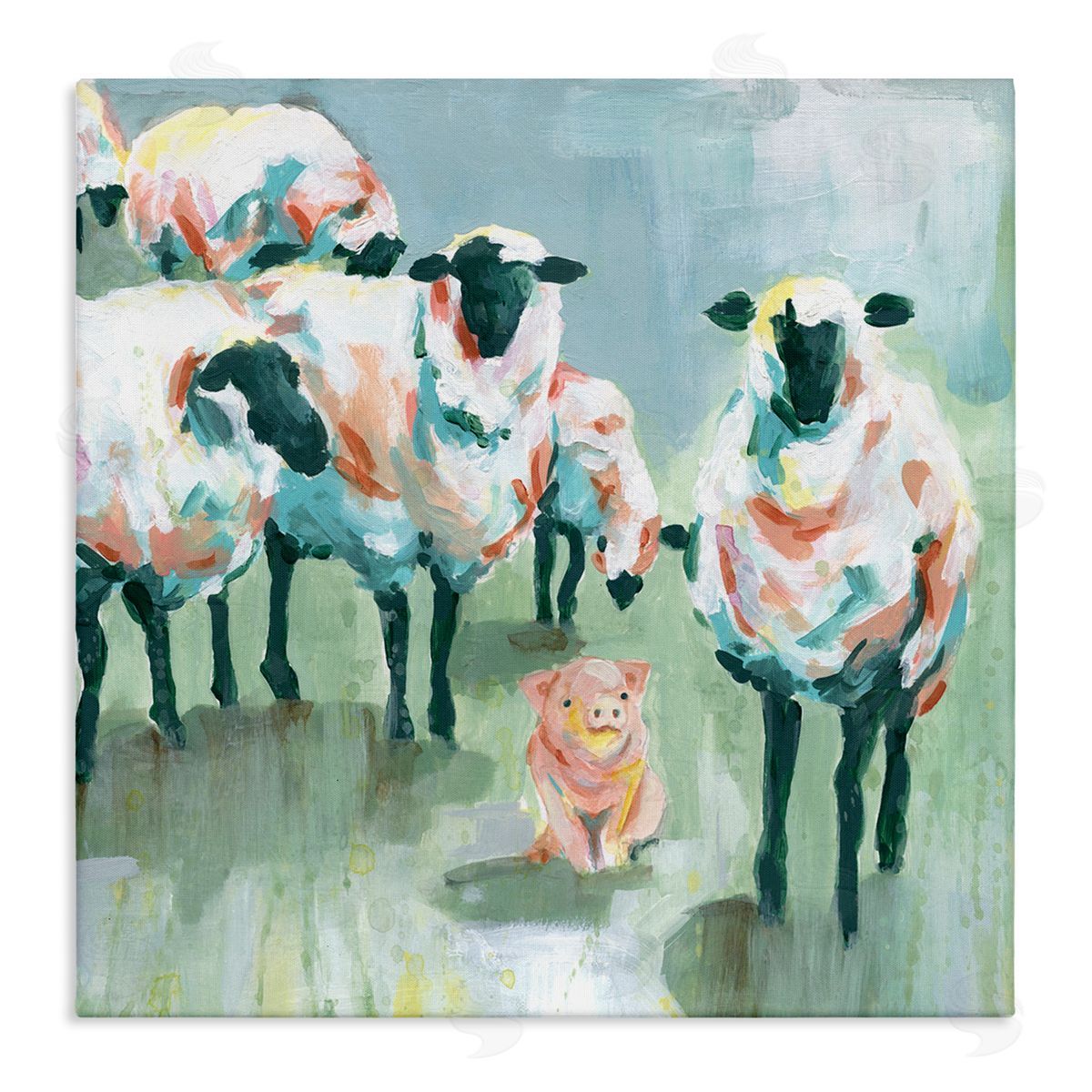 Carol Robinson Piglet in Flock of Sheep Adorable Farm Animal Stretched Canvas Wall Art Print