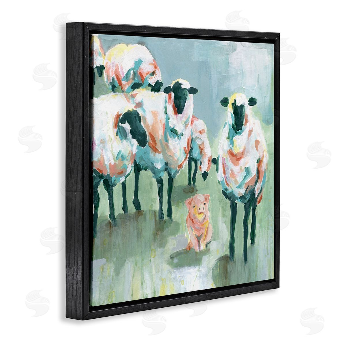Carol Robinson Piglet in Flock of Sheep Adorable Farm Animal Black Floating Frame Canvas Wall Art Print