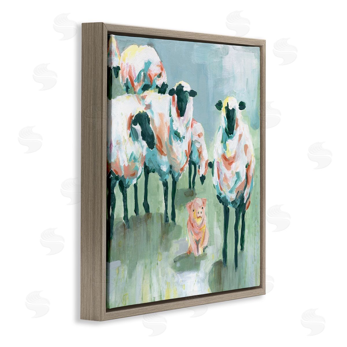 Carol Robinson Piglet in Flock of Sheep Adorable Farm Animal Brown Floating Frame Canvas Wall Art Print