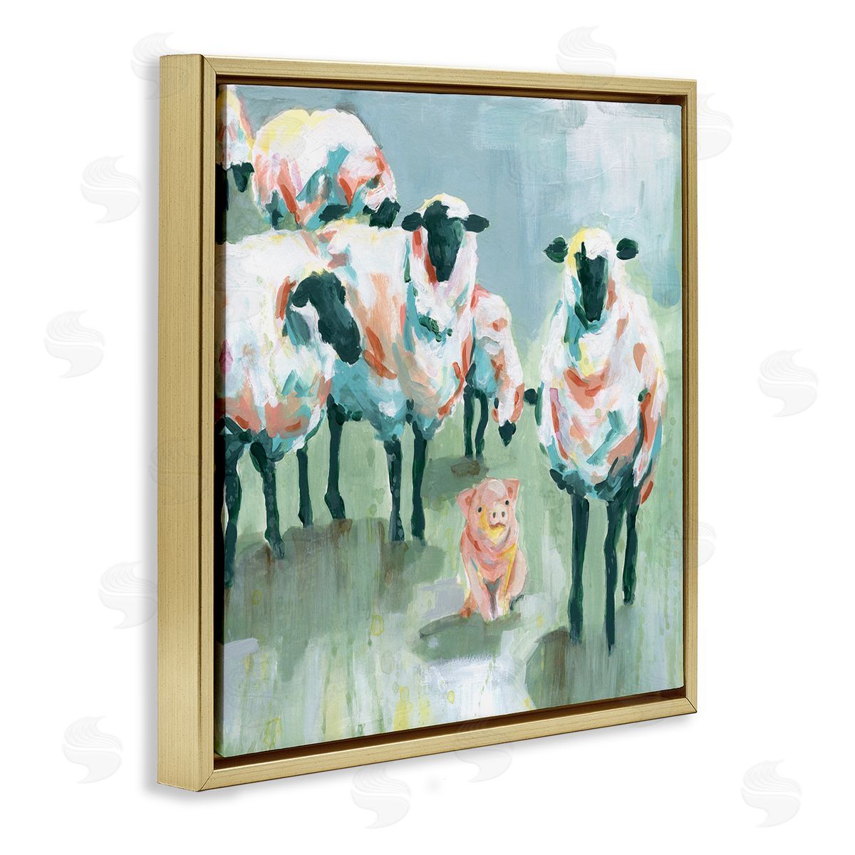 Carol Robinson Piglet in Flock of Sheep Adorable Farm Animal Gold Floating Frame Canvas Wall Art Print