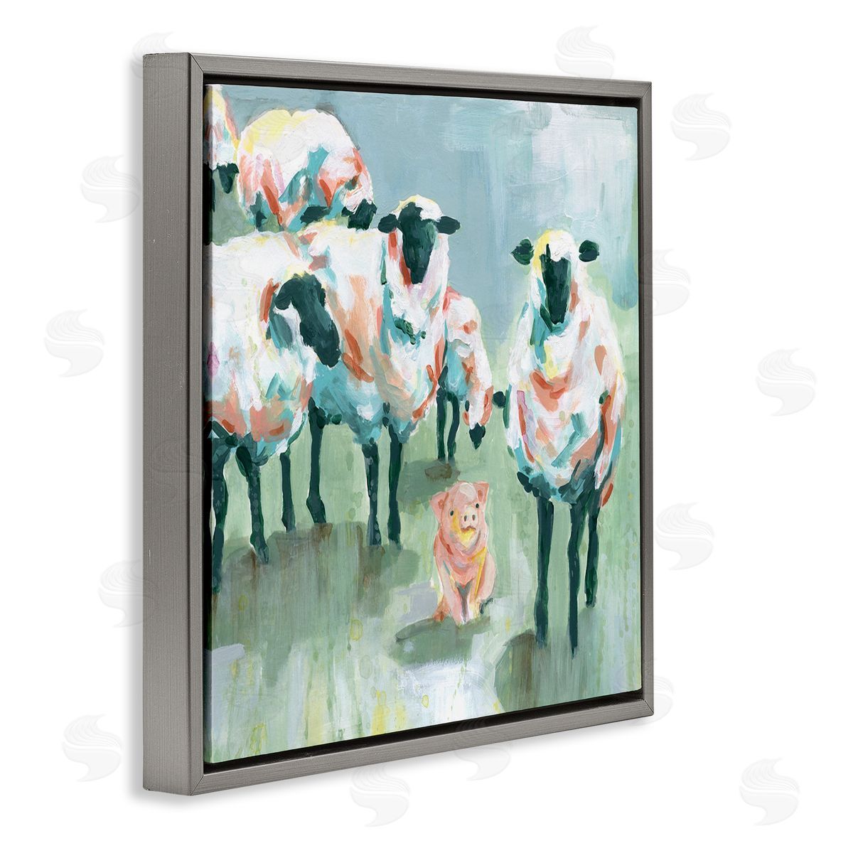 Carol Robinson Piglet in Flock of Sheep Adorable Farm Animal Gray Floating Frame Canvas Wall Art Print