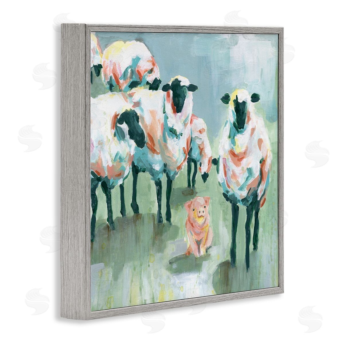 Carol Robinson Piglet in Flock of Sheep Adorable Farm Animal Gray Framed Glicee Wall Art Print