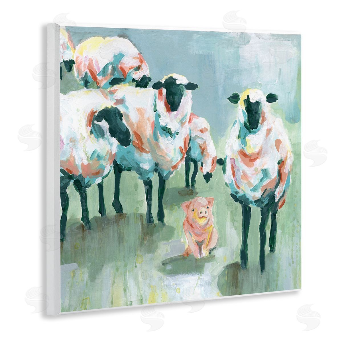 Carol Robinson Piglet in Flock of Sheep Adorable Farm Animal Wooden Wall Plaque Art Print